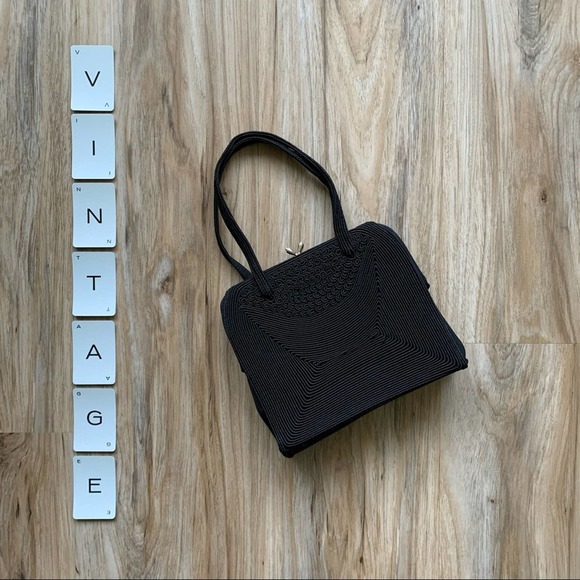 VINTAGE 1940s Black Corde Handbag by Gold Seal - Retro Handbag - Picture 13 of 15
